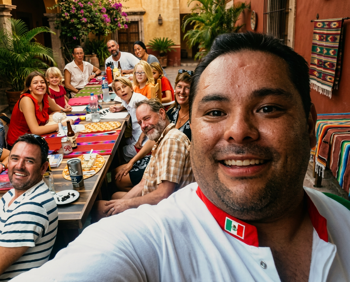 Alfonso Rocha with a group of guests around a long shared table in Cholula